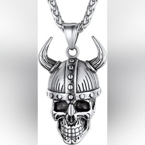 ChainsHouse Silver Tone Stainless Steel Nordic Viking Skull Helmut NEW 22" +2"